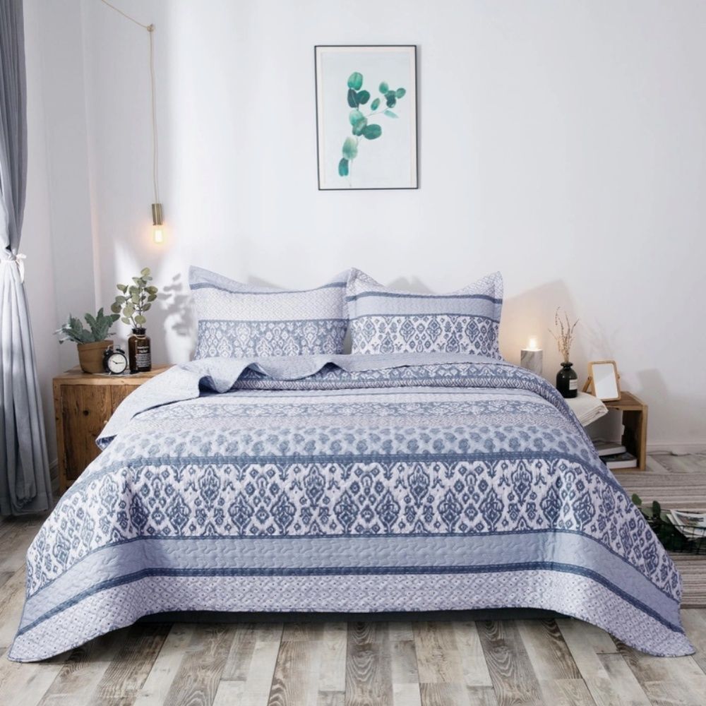 Cottage Boho Printed Queen Quilt Set Granny Shabby Chic Country Rustic New